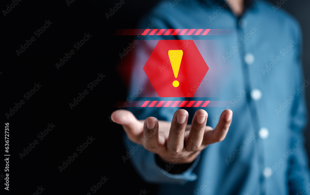 Aufkleber System warning caution sign for notification error and maintenance concept. cyber attack on computer network. Cybersecurity vulnerability, data breach, illegal connection, compromised information.