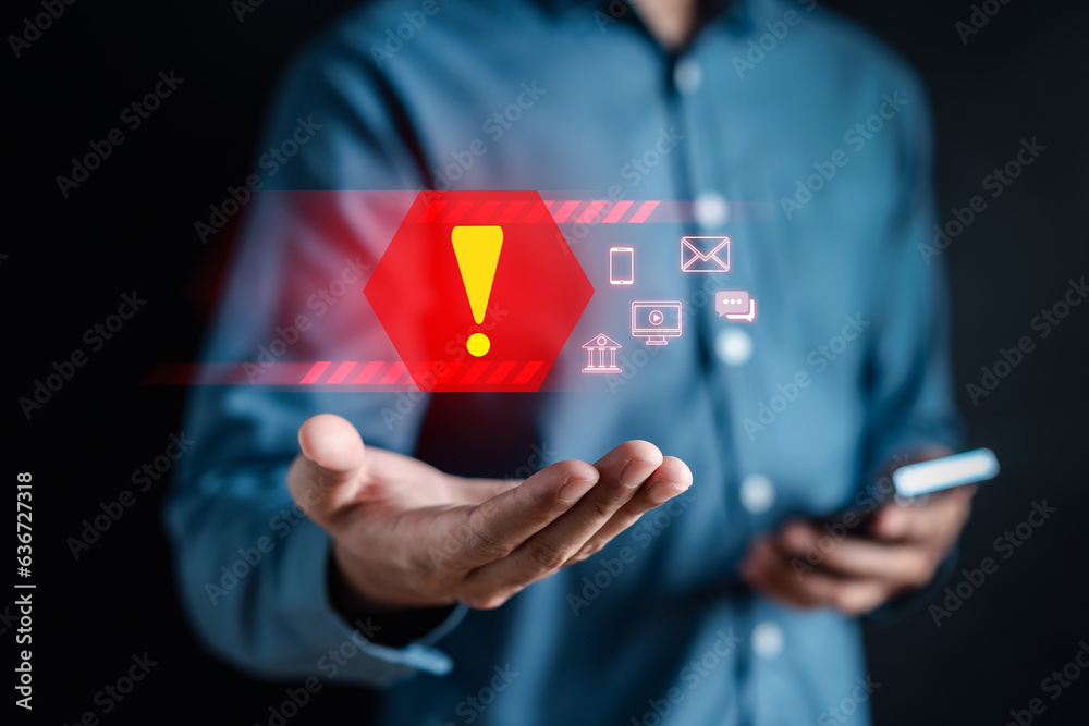 Aufkleber System warning caution sign for notification error and maintenance concept. cyber attack on computer network. Cybersecurity vulnerability, data breach, illegal connection, compromised information.