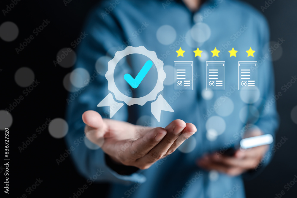 Fototapete Quality Certificate and Checklist document analyst target marketing planning assignment with quality management. Standardization, certification. Compliance to regulations service and standards.
