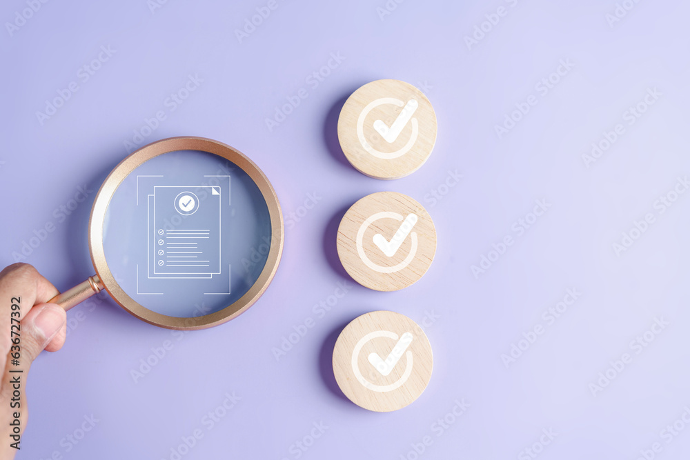 Aufkleber Quality Certificate and Checklist document inspecting target marketing planning assignment with quality management. Standardization, certification. Compliance to regulations service and standards.