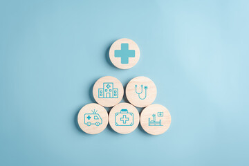 Health insurance and welfare service concept. Plus sign awareness and healthcare medical icons,...