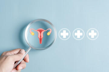 Checkup ovarian uterus reproductive system with plus sign in hospital, women's health, PCOS, ovary cancer treatment and examine, Healthy feminine concept.
