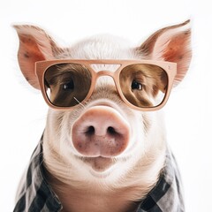 close-up of Pig with sunglasses on white background