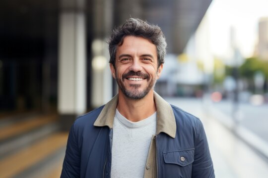Medium shot portrait of a Brazilian man in his 40s in a modern architectural background wearing a chic cardigan