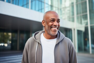 Portrait of happy african american man smiling in urban background