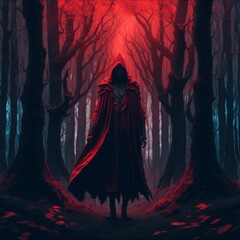 Mysterious musician walking through dark forest with red energy glowing. Artwork created with Generative AI