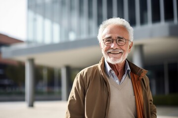 Portrait of happy senior man standing in front of office building outdoors