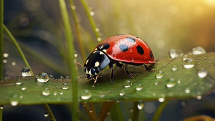 Fototapeta premium macro close-up of a ladybug with water droplets on a leaf