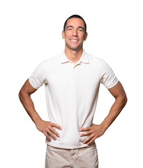 Happy young man posing against background