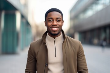 Obraz premium portrait of smiling african american man in beige coat