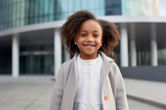 Group portrait of a Nigerian child female in a modern architectural background wearing a chic cardigan