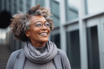 Cheerful african american woman in eyeglasses smiling outdoors