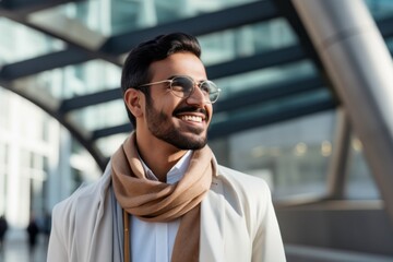 Obraz premium cheerful indian man in sunglasses and beret smiling at camera