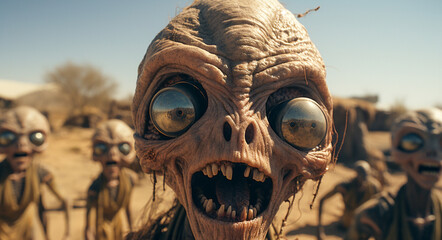 Aliens posing for a selfie in a desert, depicted in a photorealistic pastiche style, showcasing emotions and facial features