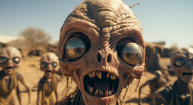 Aliens posing for a selfie in a desert, depicted in a photorealistic pastiche style, showcasing emotions and facial features