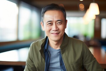Portrait of a smiling asian man sitting in a coffee shop