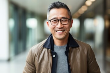 Obraz premium Portrait of a smiling asian man wearing eyeglasses outdoors