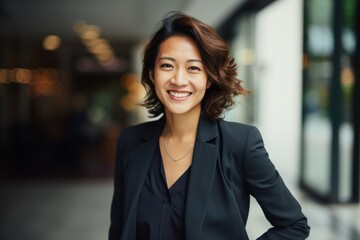 Obraz premium Portrait of a smiling businesswoman standing in a modern office building