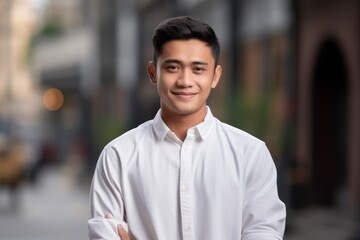 Fototapeta premium Portrait of a young asian business man standing in the street