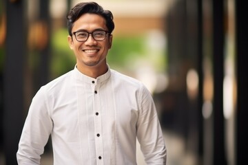 Obraz premium happy indian businessman in eyeglasses walking at city street outdoors