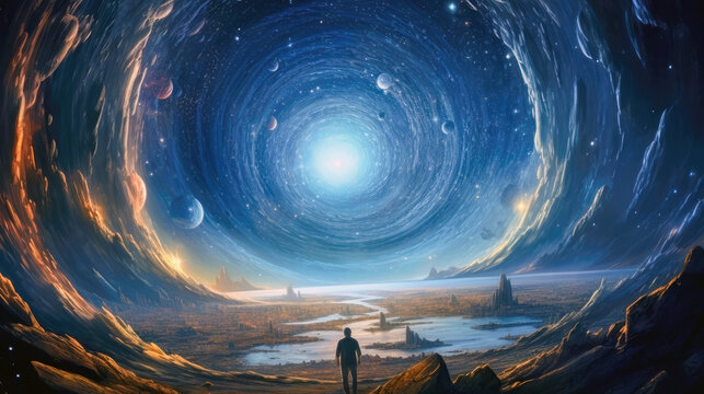 Digital depiction of a space explorer standing alone on a foreign planet, observing through a portal