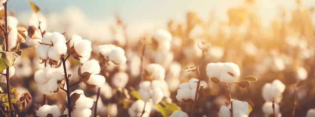 Ripe cotton with white fiber growing on a plantation, copy space. Created using generative AI technology.