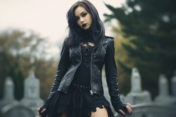 Portrait of beautiful young gothic girl posing on the cemetery
