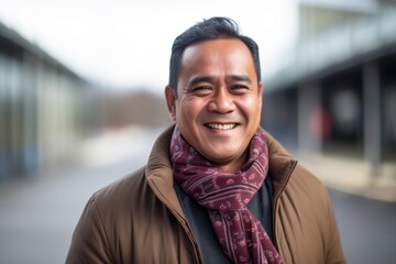 Portrait of a smiling asian man with scarf in the city
