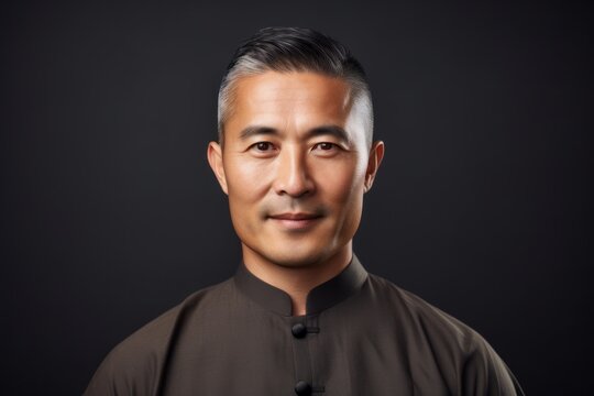 Portrait of a handsome asian man in black shirt on black background