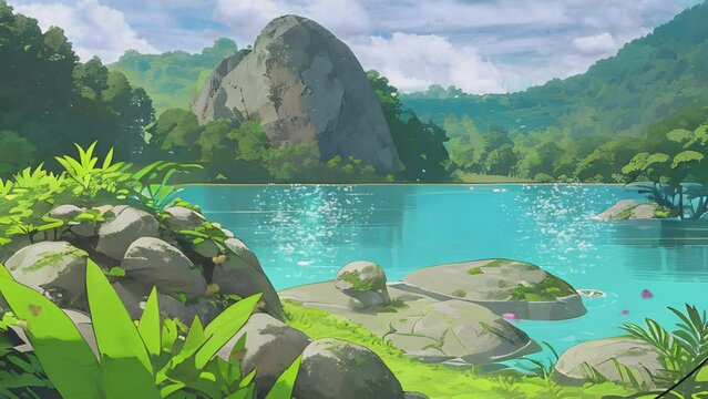 beautiful lake views for fishing spots. Cartoon or anime illustration style. seamless looping 4K time-lapse virtual video animation background.