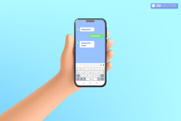 3d hand holding mobile phone chat application icon symbol. Chatting message, QWERTY, Speech bubble, Instant messenger template concept. 3D vector isolated illustration, Cartoon pastel Minimal style.
