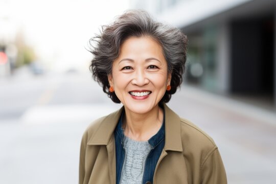 senior asian woman smiling at camera on city street in autumn