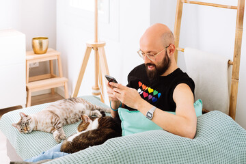 Happy adult man browsing social networks on smartphone at home