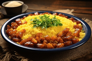 Fototapeta premium Original dish of couscous. Cuscuz Brasil. Also know as Cuscus or Cuzcuz. North and northeast of Brazil, typical food of Brazilian cuisine