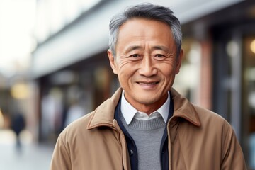 senior asian man in beige coat walking in city street