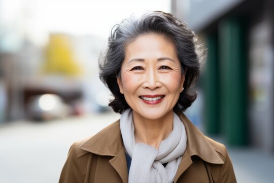 asian senior woman in beige coat smiling at camera in city