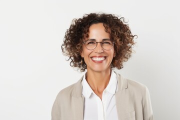 Portrait of a smiling businesswoman with curly hair over white background