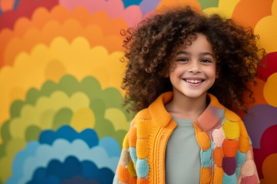 Lifestyle portrait of a Brazilian child female in an abstract background wearing a chic cardigan
