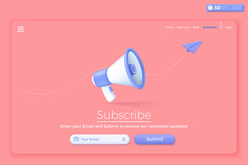 3D Subscribe to newsletter and promotions banner template. Invitation to join customer awareness. Email business marketing concept. 3D vector isolated illustration, Cartoon pastel Minimal style. - obrazy, fototapety, plakaty