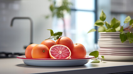 Bloodoranges on a plate in a modern kitchen. The Essence of Nature's Bounty: Exploring the Sweet and Nutritious World of Blood Oranges. High Resolution