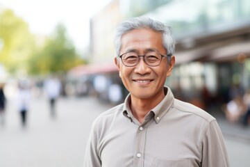 Obraz premium Portrait of happy asian senior man smiling at camera in city