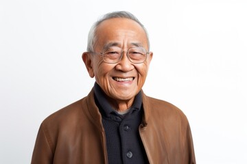 Obraz premium Portrait of happy senior asian man in brown jacket and glasses