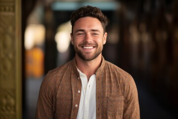 Obraz premium Portrait of a handsome young man smiling at the camera while standing in a restaurant