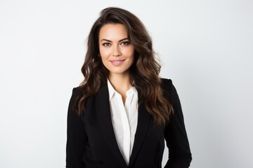 Obraz premium Portrait of a smiling businesswoman in black suit on white background