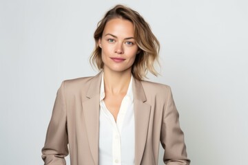 Portrait of a beautiful young business woman in a suit on a white background