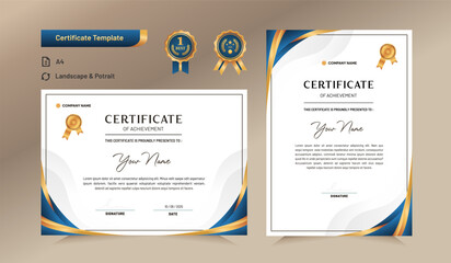 Blue and gold certificate of achievement template. For award, business, and education needs. Vector Illustration