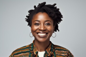 Portrait of a Nigerian woman in her 30s in a white background wearing a chic cardigan