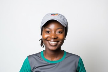 Portrait of a Nigerian woman in her 30s in a white background wearing a cool cap or hat - obrazy, fototapety, plakaty