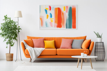 Orange sofa with colorful pillows and abstract painting wall art Modern interior for mockup, wall art. Promotion background with copyspace.