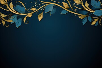 Blue and gold business banner background with golden plant ornate and copy space